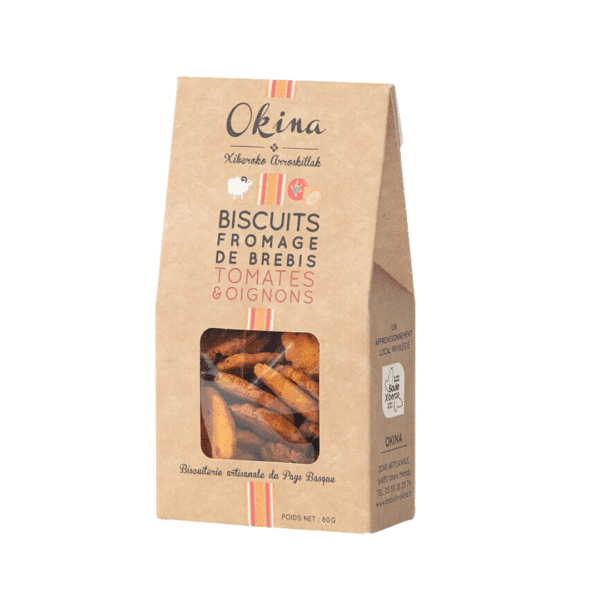 Biscuits Okina salés fromage de brebis, tomates, oignons